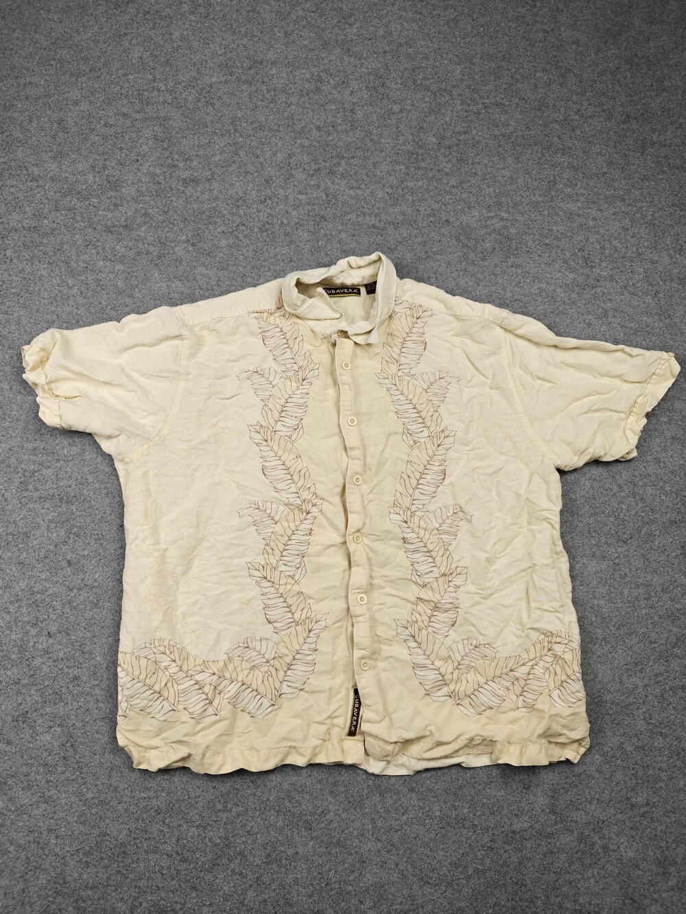 Cubavera Shirt Mens 2XL Beige Linen Rayon Short Sleeve Button-Up Embroidered